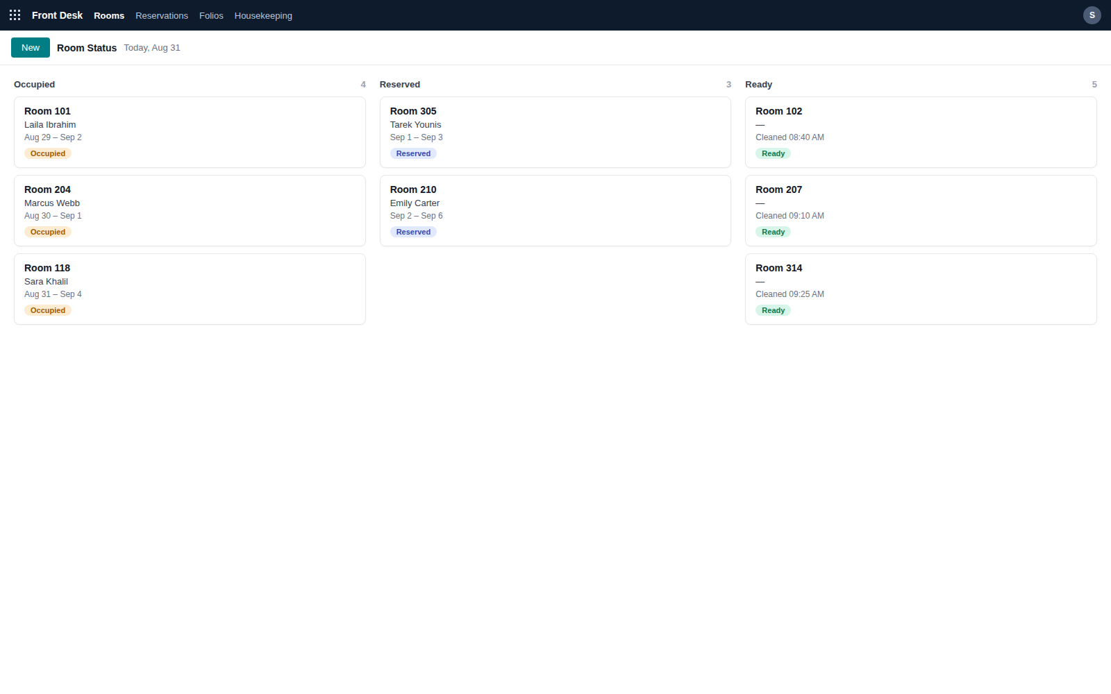 Concept preview of a GST ERP front desk room status board